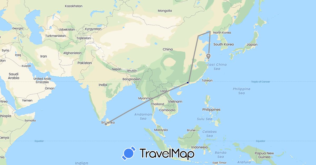 TravelMap itinerary: driving, plane in China, Sri Lanka (Asia)